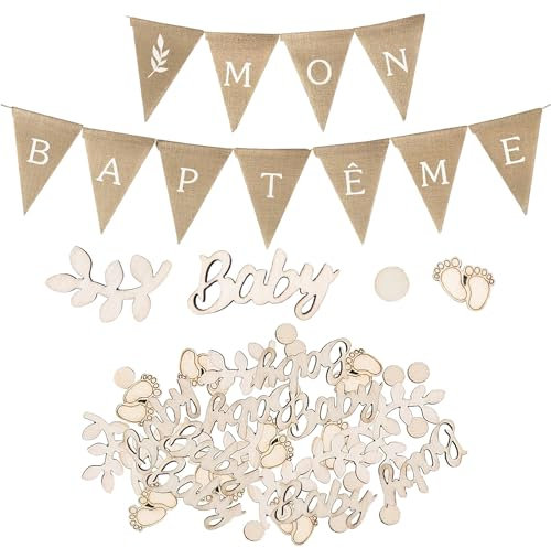 VEGCOO 100Pcs Confettis Bapteme, “Mon BAPTÊME” Bannière en Toile de Jute, Baptême Confettis en Bois, Deco Bapteme Forme Sauge, Bapteme Decoration pour Garçon Fille