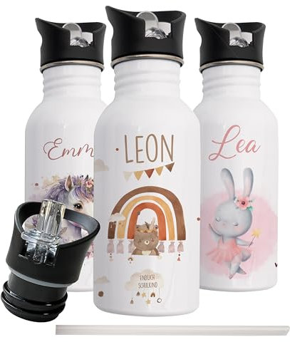 Kidsmood - Personalisierte Trinkflasche für Kinder aus Edelstahl, 500ml mit integriertem Trinkhalm, Auslaufsicher, Spülmaschinenfest und Perfekt für Schule & Kindergarten