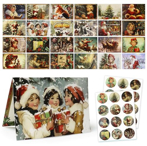 FFTANXS Tarjeta de Navidad,Conjunto de 24 Plegable Tarjetas + 24 Sobres papel + 24 Pegatinas Tarjetas de DIY notas felicitación de Navideñas postales con diferentes patrones