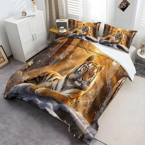 Orientalischer TigerDrucken Bettwäsche-Set, Gelb WeissWeiche Flauschige 3 teilig Mikrofaser Bettbezüge Set mit Reißverschluss Enthält 1 Bettbezüge 135 × 200 cm und 2 Kissenbezug 80x80 cm