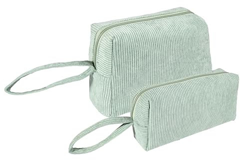 Funtlend Pack of 2 Cosmetic Bag Women's Cord Toiletry Bag Women's Cosmetic Bag Made of Cord Makeup Bag Cosmetic Bags Women's Cord Cosmetic Bag for Girls Travel Women, Green B