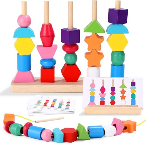 LEAZZLE Montessori Spielzeug ab 3 4 5 Jahre,2 in 1 Holzspielzeug Sortierspiel Spielzeug für Kinder, Holz Stapelspiel Feinmotorik Motorikspielzeug Lernspiele Geschenk für Baby Junge Mädchen