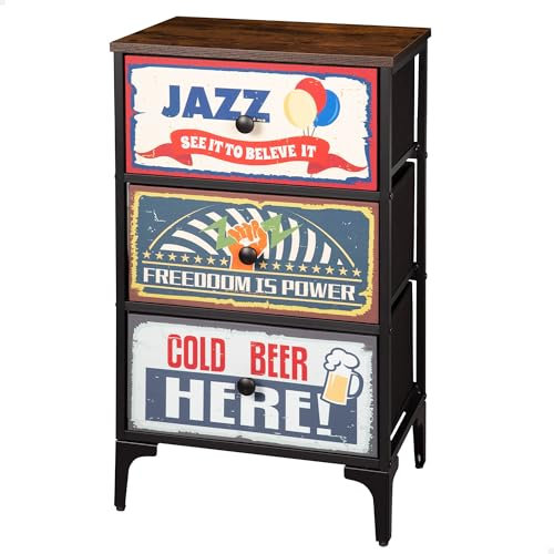 AKTIVE Max Home Mehrzweck-Schlafzimmerkommode, Retro- und Vintage-Grafiken, 3 leichte Stoffschubladen, 45 x 30 x 77 cm, Stahlrahmen, Holzplatte, Nachttische, Wohnzimmermöbel, Aufbewahrung (18400)