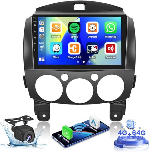 Hikity Autoradio für Mazda 2 2007-2014 [4+64GB] Android 15 Radio CarPlay Android Auto Wireless Bildschrim 9 Zoll mit Touchscreen Auto Radio BT Mirror Link Rückfahrkamera Navi GPS WiFi FM RDS SWC DSP