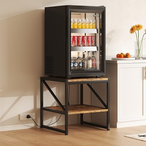 Mexin End Table with Charging Station, 20 Inch Square Side Table with USB Ports & Power Outlets, Mini Fridge Stand with 2-Tier Storage Shelf Adjustable, Industrial Wood Nightstand for Small Spaces