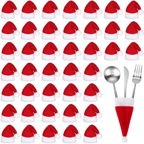 80 Pcs Mini Christmas Santa Hats Red Lollipop Hat Xmas Cup Bottle Hats Christmas Table Dinnerware Candy Toppers Cover Christmas Hat for Crafts DIY Xmas Holiday Party Supplies, 2.36x 4.72 Inch