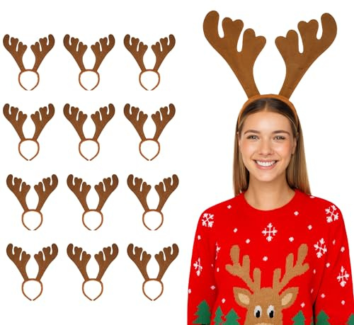 HENBRANDT Pack of 12 Brown Reindeer Antler Headbands Xmas Novelty Headwear Boppers Classic Deer Antlers One Size Fancy Dress Hairband Christmas Party Accessories for Adults