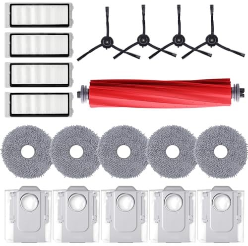 Geoviizon Accessories Kit for Roborock Qrevo S/QRevo MaxV/QRevo Pro/QRevo PLUS Robot Vacuum Cleaner Replacement Parts. 1 Main Roller Brush, 4 Hepa Filters, 5 Mop Pads, 4 Side Brushes, 5 Dust Bags