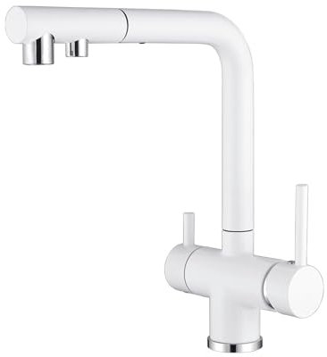 DJHFHCS Grifo de Cocina de 3 vías con Manguera rociadora extraíble, Grifo de Fregadero de Agua filtrada de ósmosis inversa, Doble manija, Blanco Enterprise