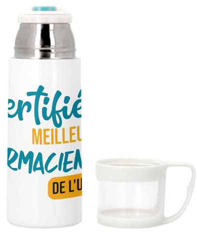 Thermos en Inox avec Tasse Intégrée - Certifiée meilleure Pharmacienne de l'univers Docteur Pharmacie Medicament - 350ml - Bouteille Isotherme