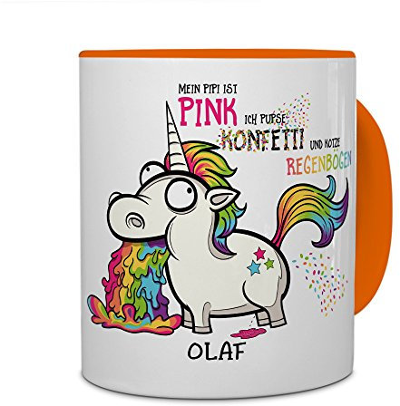 printplanet® Tasse mit Namen Olaf - Motiv Einhorn - Namenstasse, Kaffeebecher, Mug, Becher, Kaffeetasse - Farbe Orange