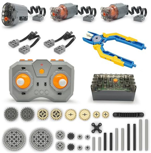 Technik Motoren Set, 2x L Motoren, 1x Servomotor, Fernbedienung, Batteriemodul, Verlängerungskabel, Ersatzteile Zahnräder Achsen, Kompatibel mit Technic Klemmbausteine (A)