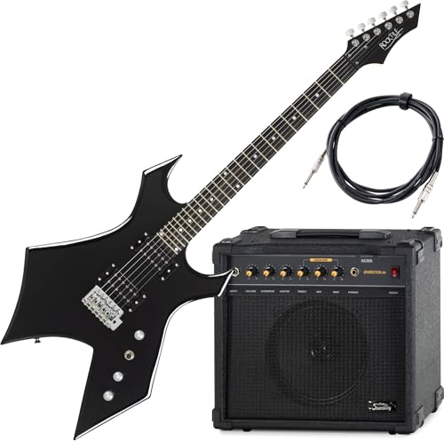 Rocktile Warhead E-Gitarre Set AK30A - Korpus aus Linde, Griffbrett aus selektiertem Hartholz - Set inkl. 75W Combo-Verstärker & Instrumentenkabel 3m – Ideal für Rock, Metal & mehr – Schwarz