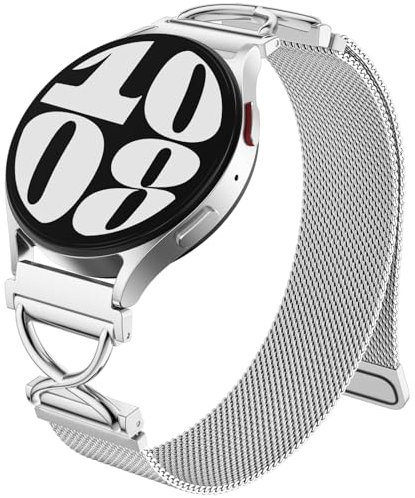 Dirrelo Kompatibel mit Samaung Galaxy Watch 4 5 6 7 Armband 40mm 44mm, X-förmig Metall Magnet Mesh Ersatz Band für Galaxy Watch FE/6 Classic 47mm 43mm/4 Classic 42mm 46mm/5 Pro 45mm Damen, Silber