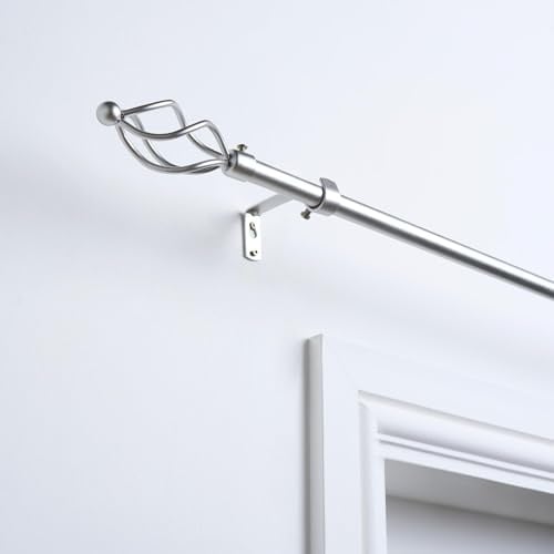 OHS Curtain Pole for Eyelet Curtains Twist, Sturdy Metal Rod with Decorative Finials Extendable Curtain Pole 120 to 220cm Adjustable Window Curtain Poles Wall Mount Brackets Included, Silver
