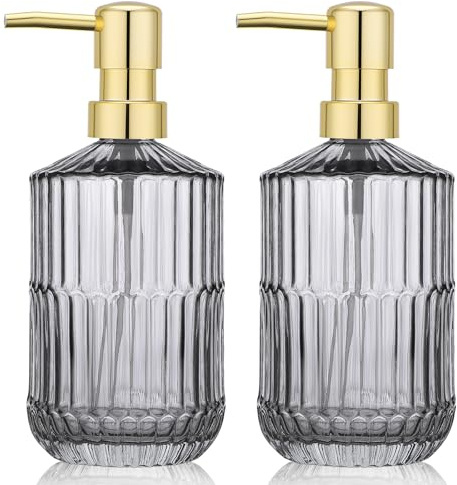 Segus Dish Soap Dispenser, 2 Pieces 450ml Washing Up Liquid Bottle, Dispenser Bottle with Pump, Refillable and Leakproof, Kitchen Accessorie (Grey, With Golden Pump Head)