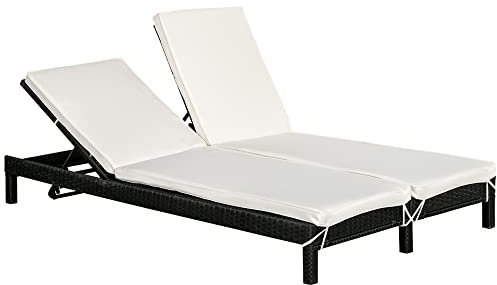 Outsunny Bain de Soleil transat 2 Places Dossier inclinable Multi-Positions, Matelas fournis Grand Confort, résine tressée Noir