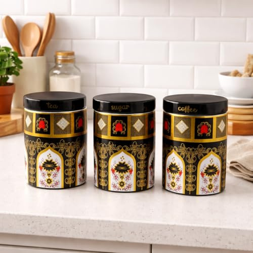 Tea, Coffee, Sugar Storage Canisters, 15 x 10 cm, Set of 3 Floral Print Porcelain Jars with Lids (Black & Gold Floral)