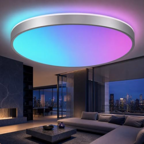 Horevo Bluetooth Deckenleuchte, 40cm Moderne Dimmbare LED Deckenleuchte (RGB-Farbwechsel, Fernbedienung, Silberner Rahmen für Wohnzimmer, Esszimmer, Schlafzimmer, Küchen)