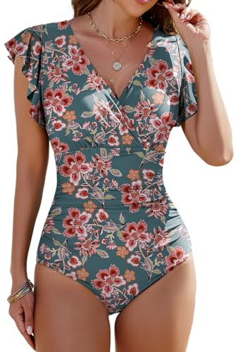 Vancavoo Swimming Costume Women One Piece Swimsuits Ruched Tummy Control Ladies Swimwear Ruffle Sleeve Push Up Wrap V Back Bathing Suit，Orange Print，L