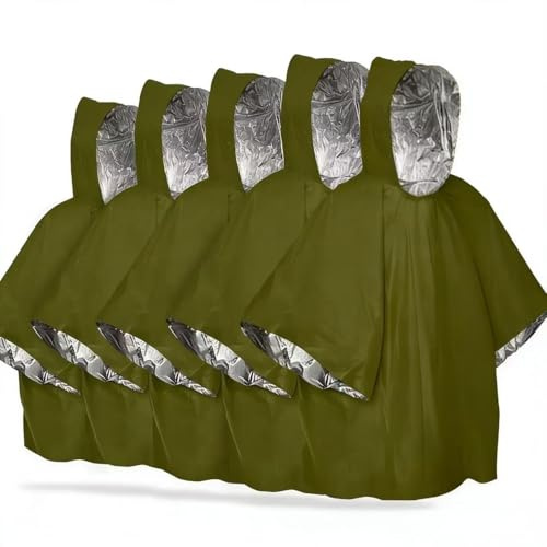 HOMHPLFE Emergency Survival Poncho, Heatshield Emergency Thermal Bag For Hiking, Thermal Mylar Foil Coating Blanket, for Heat Retention and Rain (Green(5Pcs))