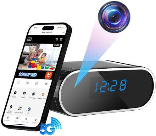 Caméra Espion WiFi 5G, Caméra Cachée Réveil sans Fil a Distance 1080P | Micro Video Camera Discrete, Wi-Fi Bi-bande, 120° Angle, Détection de Mouvement, Vision Nocturne, Tuya APP