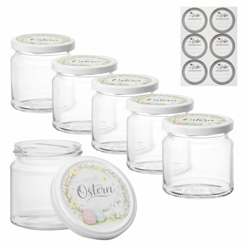 GASSERO Einmachgläser 210 ml – 12er Set Ostermotiv Blumenkranz mit TO66 Schraubdeckeln & Beschriftungsetiketten – ideal für Ostermarmelade, Osternest im Glas und Gastgeschenke
