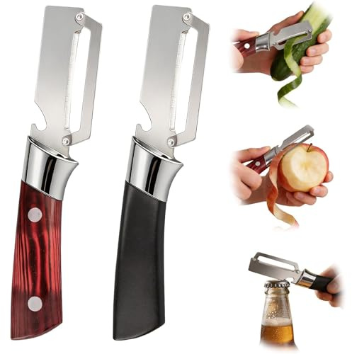 Pelador Verduras Multifunción, 2 en 1 para Cocina Hoja Acero Inoxidable Ultraafilada con Abrebotellas Integrado, Mango de Madera Antideslizante, Ideal para la Cocina Familiar y de Acampada (2 PCS)
