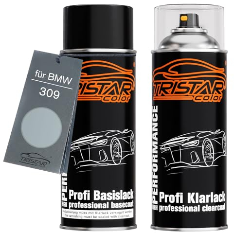 TRISTARcolor Peinture voiture Kit bombes de peinture pour BMW 309 Arktissilber Metallic/Arctic Silver Metallic Peinture de base vernis clair aérosol 400 ml