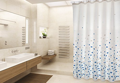 MSV Cotexsa by Premium Anti-Schimmel Textil Duschvorhang - Anti-Bakteriell, waschbar, 100% wasserdicht, mit 12 Duschvorhangringen - Polyester, „Brest“ Blau 180x200cm – Made in Spain