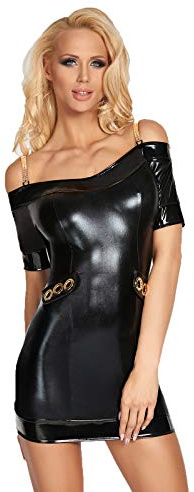 7Heaven Schwarzes erotisches Damen Dessous Wetlook Lack-Kleid mit Reißverschluss fetisch Mini-Kleid