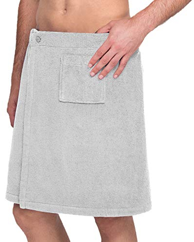 Lashuma Herren Saunakilt zum Knöpfen, Frottee Saunarock mit Tasche und Gummizug, Länge: 52 cm, Saunatuch Farbe: Grau