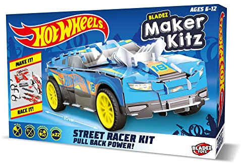 Hot Wheels BLADEZ Street Racer, Pull Back Fahrzeug für Kinder, Lizenziertes Bauset, STEM-Aktivität, Auswahl an Farben und Stilen, 6 zum Sammeln, Motor Maker Kitz Toyz
