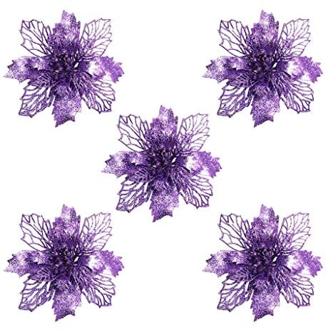 FeiliandaJJ 5Pcs Weihnachten Deko Anhänger 10cm Goldpulver Weihnachtsblume Hängende Verzierung für Babyzimmer Weihnachtsbaum Party Tür Wand Haus Deko Accessoires (Lila)