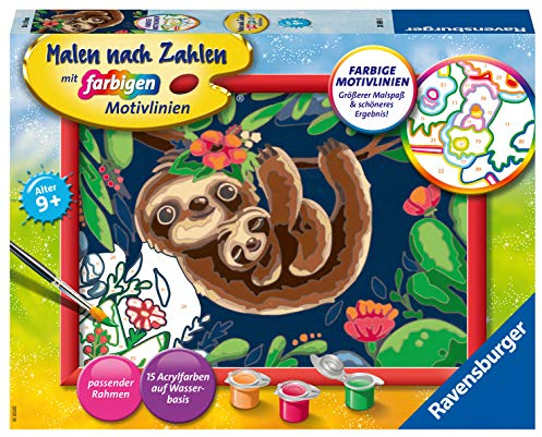 Ravensburger CreArt 28698 - Niedliche Faultiere - Malen nach Zahlen für Kinder ab 9 Jahre, Malset mit Rahmen, Pinsel und Acrylfarben, Geschenk für Mädchen und Jungen