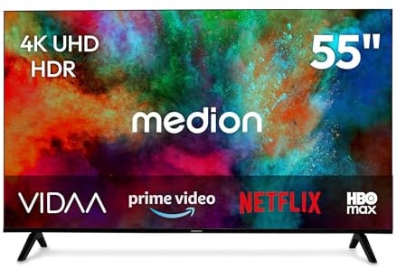 MEDION 138.8 cm 55 Televisor Ultra HD Smart TV HDR10 Vida Store Prime Video Disney+ DAZN HbbTV PVR Bluetooth HD+, MD855201