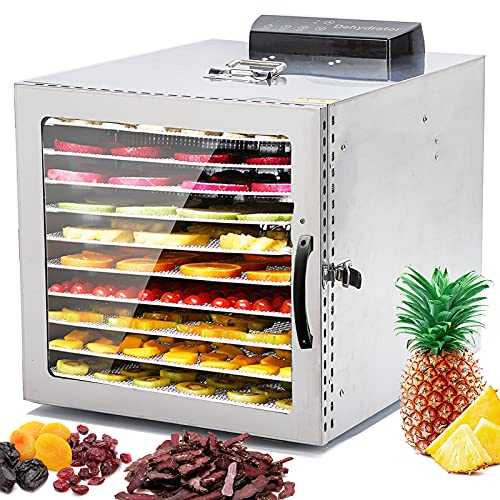Moongiantgo Commercial Food Dehydrator Digital Beef Jerky Maker Fruit Dryer Machine with 10 Stainless Steel Trays, 24H Timer, 30-90℃, 1000W Low Noise for Vegetables Herbs Pet Treats