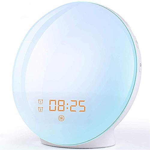 Wake Up Light Despertador Luz - LED Despertador Amanecer Simulación de Amanecer y Anochecer, 2 Alarmas, 7 Luces de Colores, 20 Niveles de Brillo, Función Snooze, 7 Sonidos Naturales, Radio FM