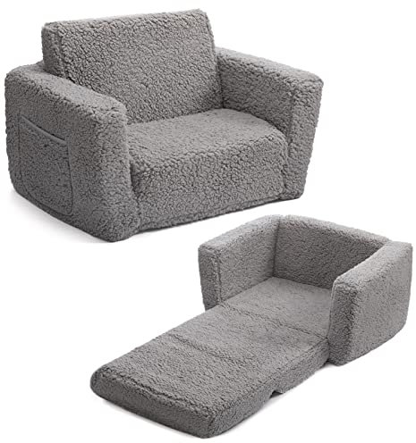 ALIMORDEN 2-in-1 Kuschelige Sherpa Kleinkind Couch, umwandelbares Sofa zur Liege, Grau