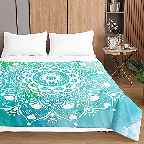 Chickwin Tagesdecke Bettüberwurf, Mandala Drucken Tagesdecken mit Prägemuster Gesteppt Steppdecke Überwurf Wohndecke aus Mikrofaser (180x220cm,Türkis)