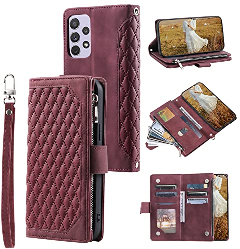 QLTYPRI Handyhülle für Samsung Galaxy A53 5G, Gesteppte Leder Hülle Wallet Case mit Handschlaufe für Frauen Kartenhalter Reißverschluss Brieftasche Handytasche Schutzhülle - Rotwein