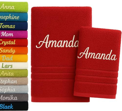Pet-Jos 2er Pack Personalisiertes Handtuch und Badetuch mit Namen Schön gestickter Name Handbadetuch 100 % Baumwollhandtuch 50 x cm + 140 70 Personalized Custom Towel with (rot)