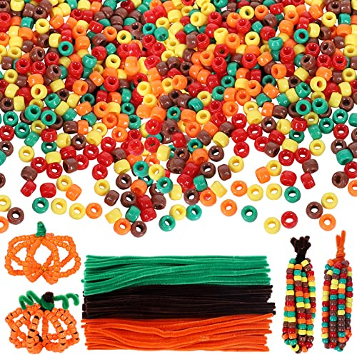 Whaline 1000Pcs Fall Thanksgiving Pony Beads with 100Pcs Chenille Stems Pipe Cleaners 5 Colors Autumn Harvest Theme Multicolor Craft Plastic Beads for DIY Craft Necklace Bracelet Making Supplies
