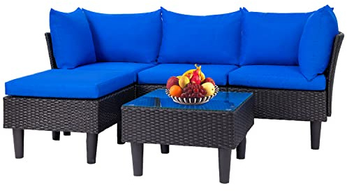 FDW 5 Pieces Patio Furniture Sets Outdoor Sectional Sofa Wicker Chair Rattan Conversation Set for Outdoor Backyard Porch Poolside Balcony Garden Furniture with Coffee Table,Blue Cushion