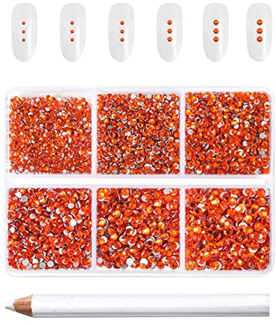 Beadsland 7200 Pcs Flatback Rhinestones for Nails,Orange Round Small Crystal Glass Rhinestones Gems for Crafts,Mixed 6 Sizes with Wax Pencil Kit,SS3-SS10,Hyacinth/Orange