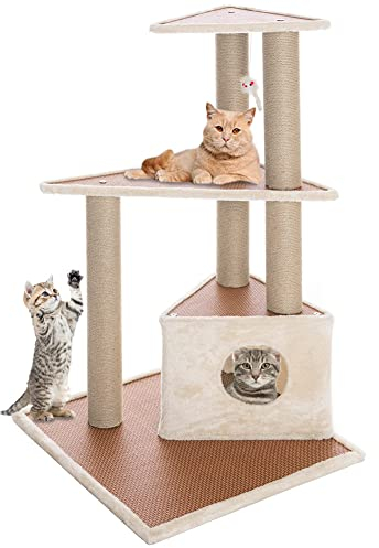 BAKAJI Árbol arañador rascador 1 caseta Cubierta para Gatos Animales felinos Interactivo uñas antiarañazos Estable Resistente árbol trepador sólido Estructura Color Beige