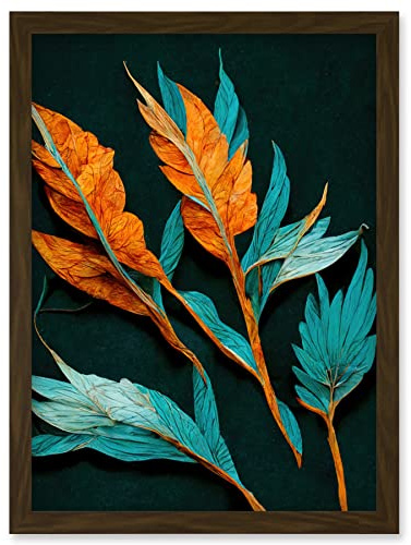 Wee Blue Coo Striking Modern Bright Teal and Orange Detailed Dried Leaves on Black Artwork Framed Wall Art Print A4