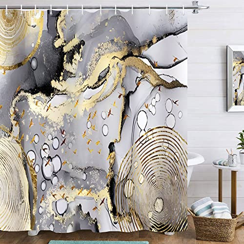 Famiffty Rideau de douche en marbre noir et doré pour homme – 183 x 183 cm (l x L) – Rideau de douche moderne en polyester imperméable abstrait – 12 crochets