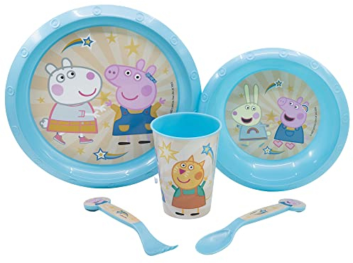 Set vajilla infantil reutilizable de 5 piezas: vaso, plato, cuenco y cubiertos de Peppa Pig