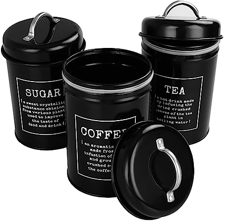 ZOFUN 3 Pcs Tea Coffee Sugar Canisters, 10 x 18 cm Black Tea Coffee Suagr Canisters with Airtight Lids, Galvanised Iron Tea Coffee Sugar Canister Set for Tea Coffee Sugar Storage in Kitchen